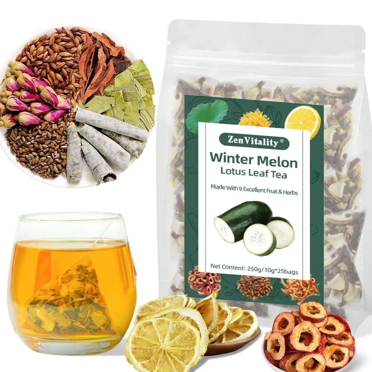 ZenVitality Oil Cleansing Tea Supports Fat Metabolism|Cholesterol Health|Digestive Health Winter Melon Lotus Leaf Tea with Chrysanthemum|Rose|Lemon|Cassia Seed|Hawthorn|Orange Peel|Buckwheat 10g*25Bag