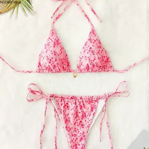 Soft Pink Floral Print Bikini with Shell & Star Motifs, Triangle Top with Center Pendant, Great for Coastal Trips, Pool Parties & Embracing Whimsical Summer Style