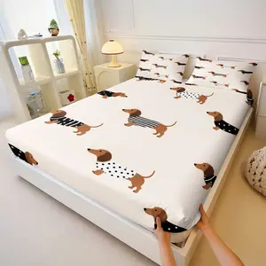 Cute Dachshund Dog Fitted Sheet Set, 1 Fitted Sheet + 2 Pillowcases, Cartoon Sausage Dog Print Bedding, Soft, Comfortable & Breathable Microfiber, All Season Use, Deep Pocket, Non-Slip, Wrinkle & Fade Resistant