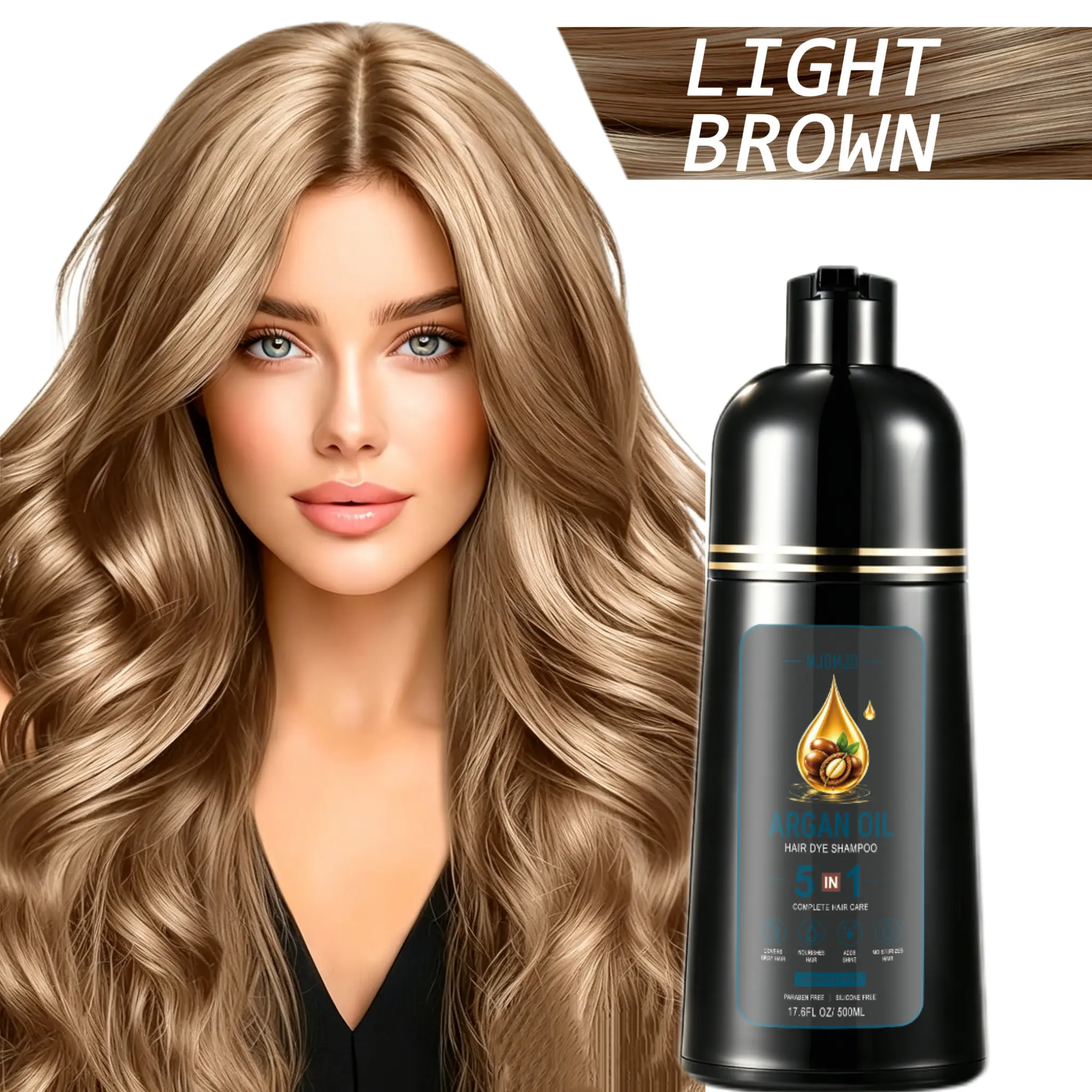 Light Brown Hair Dye Shampoo 5-in-1, Argan Oil Hair Color for Women & Men, Instant & Long-Lasting Color, Gray Hair Coverage, 15-Minute Coloring, 500ml