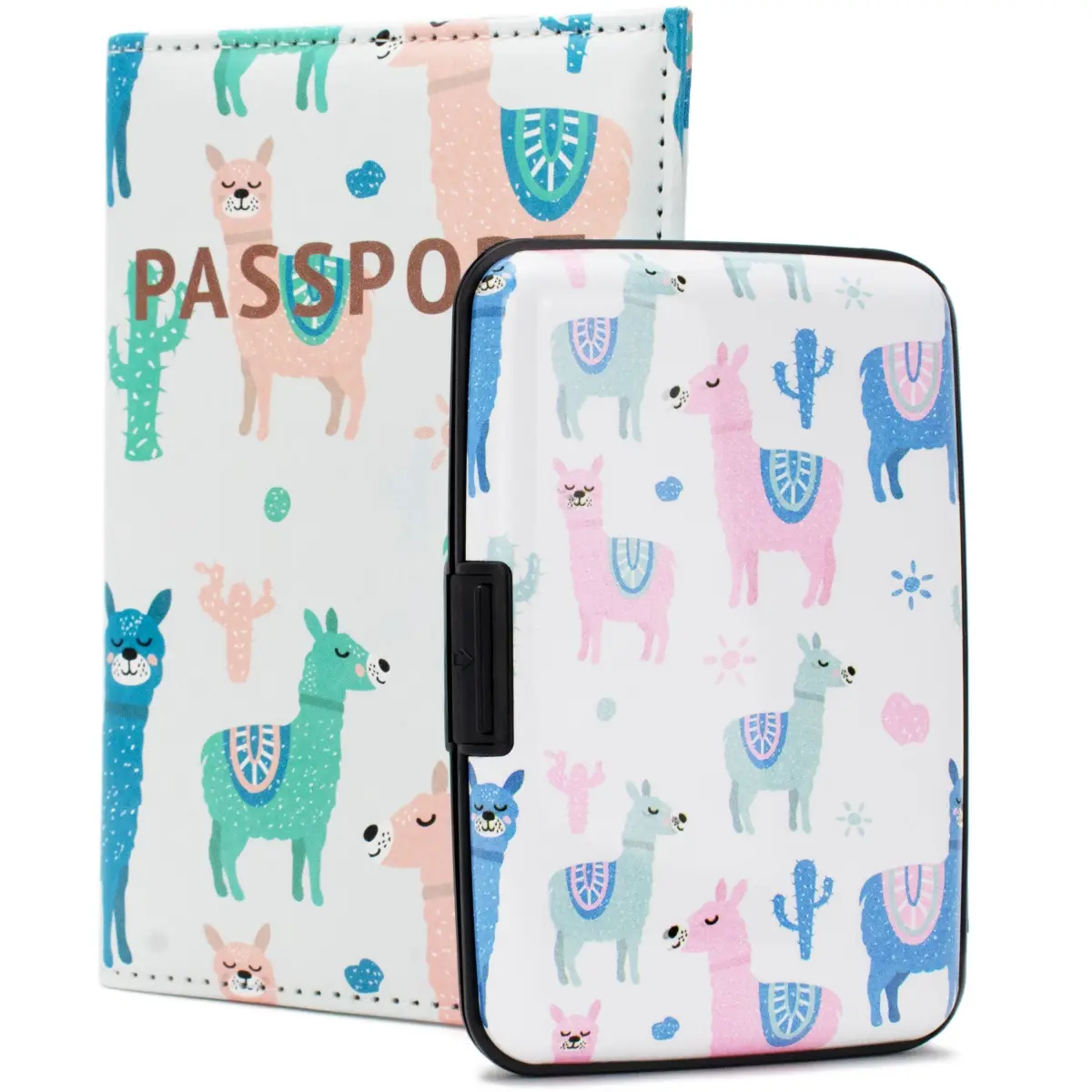 Frequent Flyers' 360-Stand Recycled PVC RFID-Protected Miami CarryOn Wallet & Aluminum Passport Holder Set, Colorful Llama Print Design