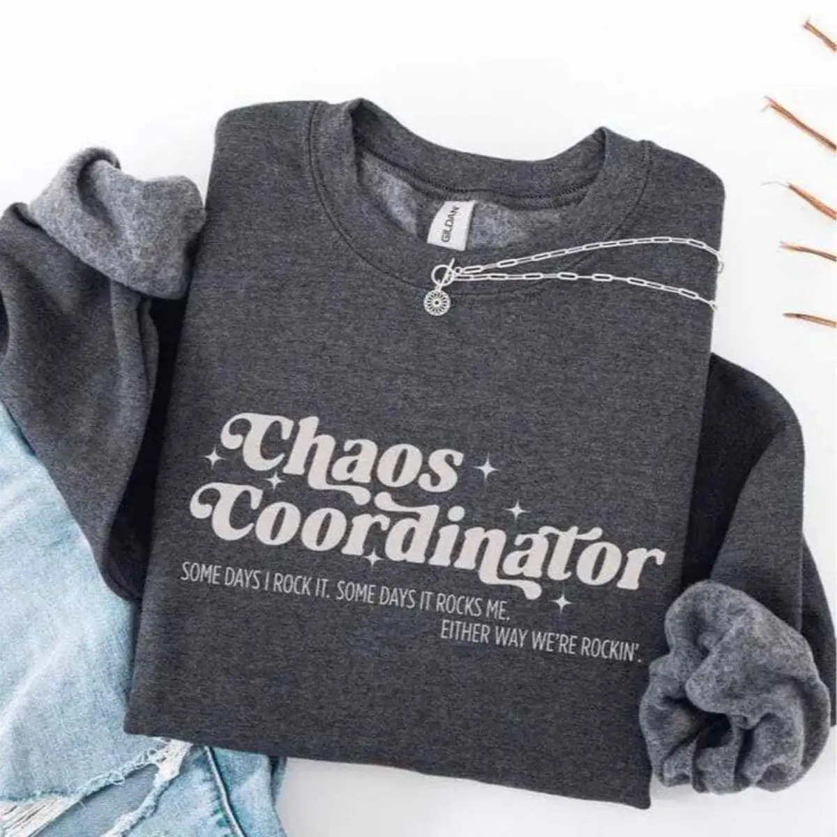 Chaos Coordinator Sweatshirt Gildan 18000 Dark Heather Grey Crewneck Funny Mom Teacher Office Graphic Quote Sweater Relatable Mom Life Gift Top