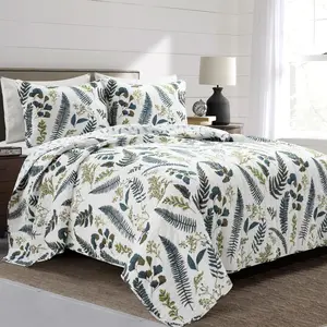 Lush Decor Devonia All Over Cotton Quilt 3 Piece Set Reversible Leaves & Flowers Pattern Full/Queen/King OEKO-TEX Certified Machine Washable