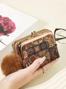New women's wallet, Casual trendy wallet, multi card slot function wallet, With a Pom-pom Charm, Women's cotton fabric folding zipper wallet, detachable for use, multifunctional large capacity women's wallet, Stylish Wallet
