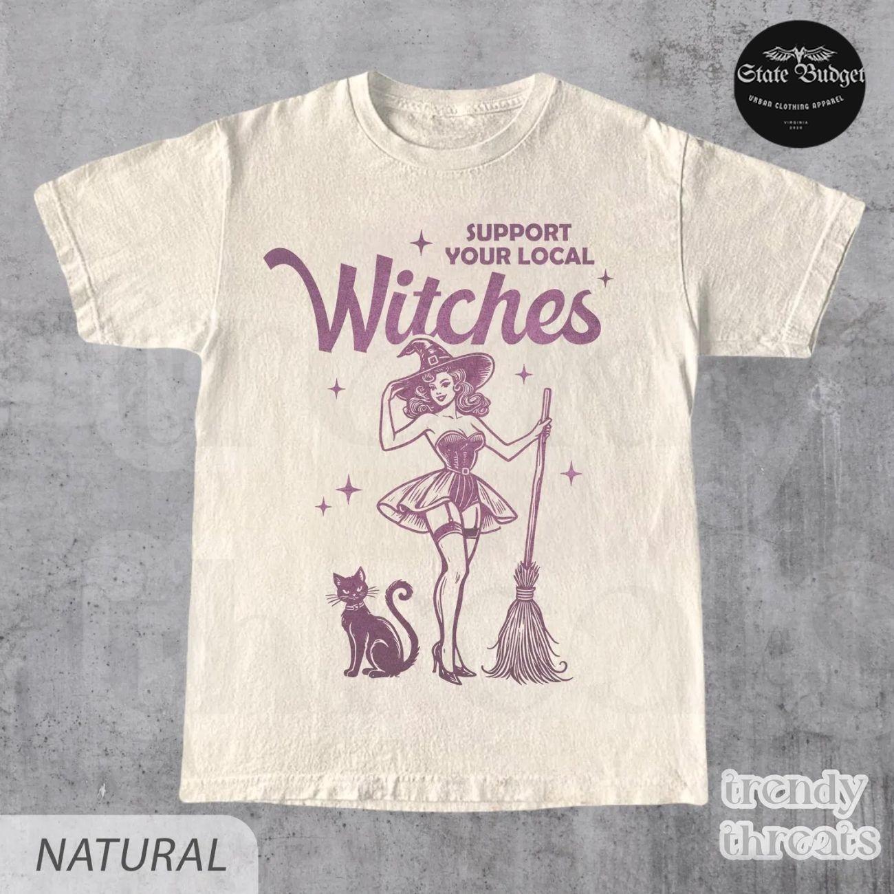 Women’s Soft Cotton Fabric T-Shirt – Comfy Streetwear Witch Graphic Top, Casual Funny Halloween Party Tee, Support Local Witches Gift, Unisex Fit Style 79A