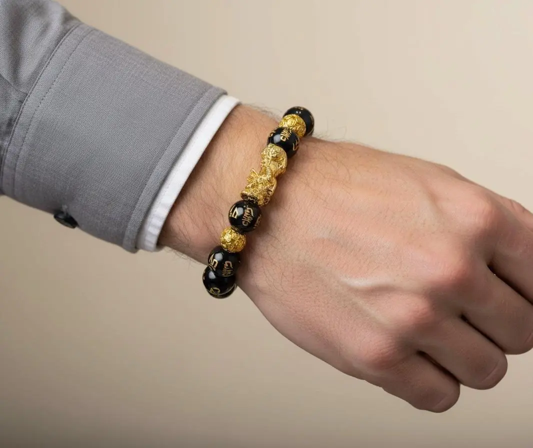 Unisex Feng Shui Black Obsidian Bracelet, Protection Crystal Jewelry, Healing Stone Yoga Mala Beads, Earthy Energy Wristband