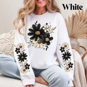 Black Floral Sweatshirt With Matching Sleeves Women’s Summer Outfit Spring Crewneck Sweatshirt