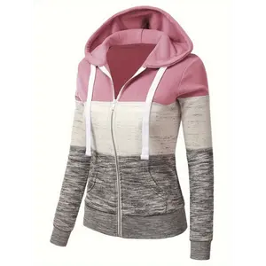 [Trendy Color Block Hoodie] Casual Long Sleeve Knit Sweatshirt - Women's All-Season Zipper Hoodie with Trendy Color Block Design Tops Collar