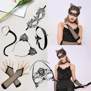 6 PCS Women Venetian Mask Prom Carnival Party Mask Sexy Cat Lace Mask Gothic Cat Lace Cat Ears Headband Masquerade Mask