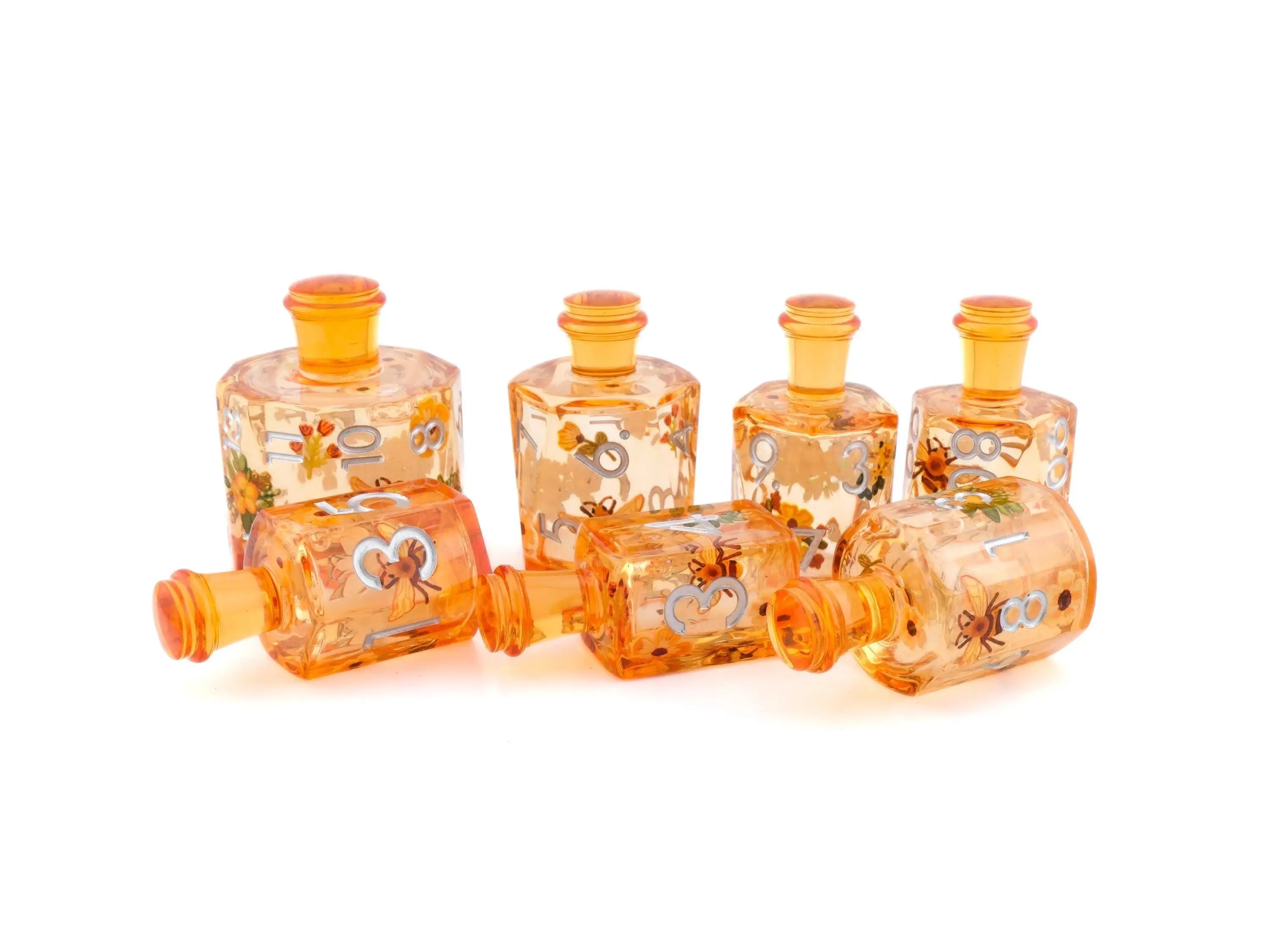 Honey Bee Potion Bottle Resin Liquid Core DnD Dice Set, 7-Piece RPG Dice with Durable Bag