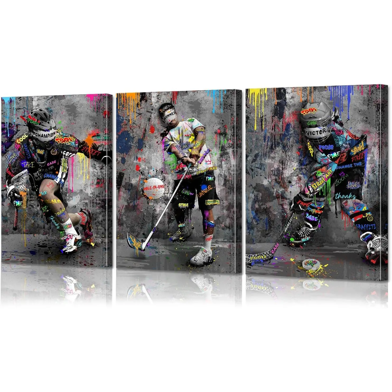 Graffiti Sports Canvas Wall Art Set of 3 with Inner Wooden Frame Hockey Golf Lacrosse Decorations Lightweight Easy to Hang for Gym Boys Room 12x16x3 Inches Ornaments Artistic Ornaments Decoration Art-01