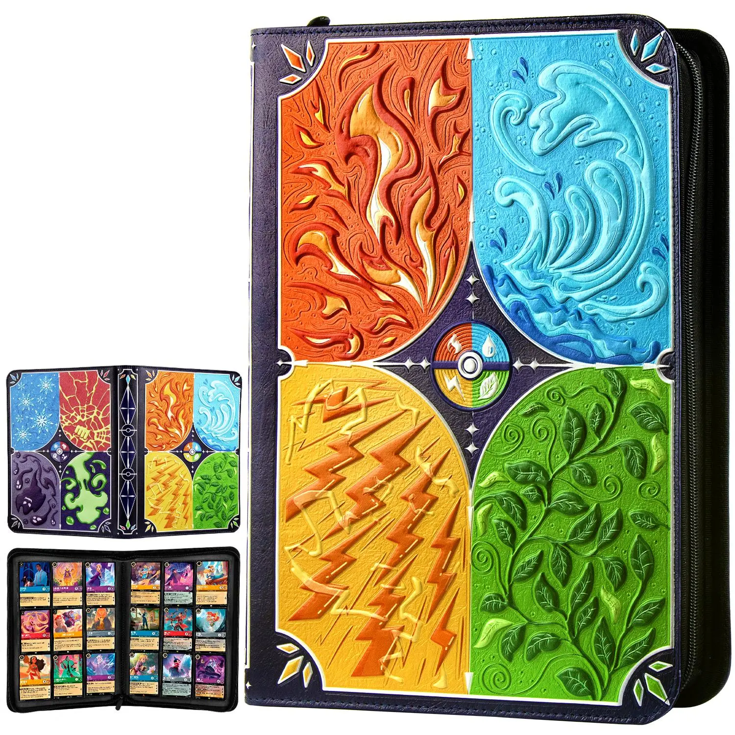 Waterproof PU Leather Trading Card Binder - 9-Pocket Large-Capacity Album with 4 Elements Embossed Zipper, Holder for Pokémon, MTG, Sports & Game Cards, Ideal Gift for Collectors