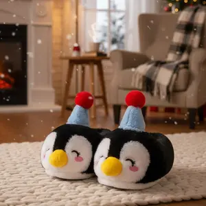 Festive Penguin Elephant Plush Slippers | Cozy Holiday Home Footwear | Cute Winter Gift for Women