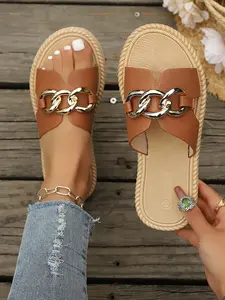 Women's Fashion Sandals, Summer Style Sandals, Plain Color Artificial Leather, Gold Chain Decoration, Casual Comfortable Beach Shoes, Daily Wear