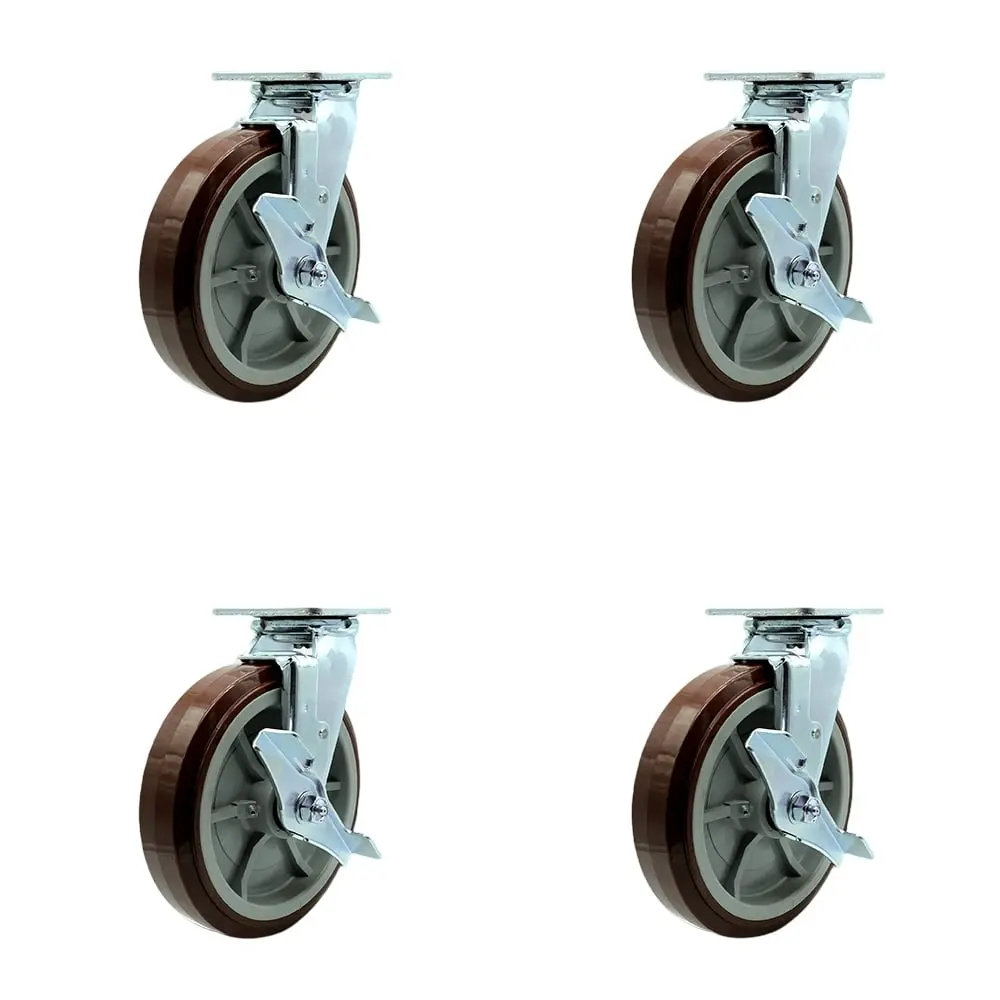 Service Caster SCC-SS30S820-PPUD-TLB-BSL-2 Polished Stainless Steel Heavy-Duty Swivel Caster Set, 8" Diameter Polyurethane Wheels, Delrin Bearings, 2 Bolt-On Swivel Locks, 4000 lbs Capacity for Commercial Equipment, Dollies, Casters
