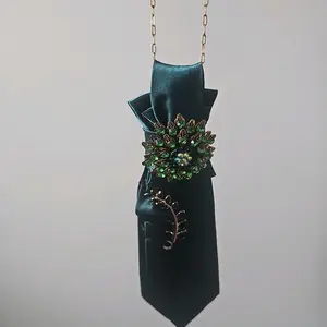 Emerald Luxe Bloom Statement Tie with Green Rhinestones and Gold Chain