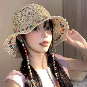 Straw Bucket Hat for Women Crochet Wide Brim Sun Hat with Detachable Beaded Chain Colorful Wooden Beads Boho Summer Beach Hat Packable