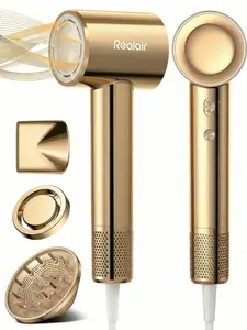 Realair High Speed Hair Dryer with Diffuser, 110,000 RPM Brushless Motor Ionic Blow Dryer for Fast Drying, 200M Negative Ions Quiet Lightweight Travel Hairdryer for Curly Hair, Gold