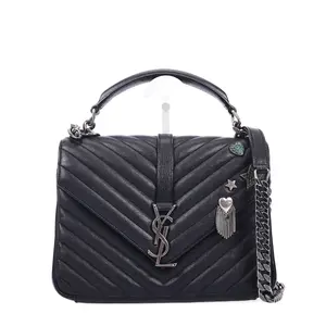 Pre-owned Yves Saint Laurent Calfskin Crossbody Bags YSL Saint Laurent College Quilted Black 30123312 SL