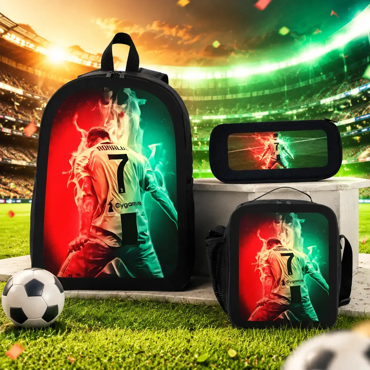 CR7 Print 3-Piece Athletic Backpack Set for 12-13 Years Students, Back to School Haul Bag with Soccer Player Pattern, Padded Straps, Insulated Lunch Box, Built-In Organizer (2026-2027)
