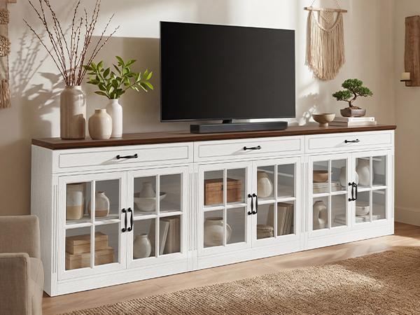 HAUOMS Modern Farmhouse Coffee Bar Cabinet with Glass Doors and Drawer, 31.5" Small Sideboard Buffet with 3-Level Adjustable Shelf, Entryway Storage Console for Kitchen Living Room