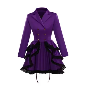 Women Lace Trim Lace-up High Low Coat Purple Steampunk Victorian Style Gothic Jacket Medieval Noble Court Dress