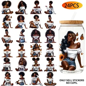 24PCS/Set Fashionable Black Girl Themed UV DTF 16OZ DIY Transfer Paper Set Used For 16oz Water Bottles Glass Bottles Laptops Home Decoration DIY High Viscosity Transfer Paper Decorative Decal Sticker Vinyl Stickers