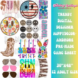 Hippydecorandmore Designs 30x48 Dtf Print Direct to Film Gang Sheet Designer Sunshine Glitter, Patriotic Smiley Face, Mom Floral, Retro Smiley Face, Amen Sequin, Western Cowboy Boot Coquette, Swifty Glitter, Floral Bunny, Sunglasses, Beach Bum, Mama