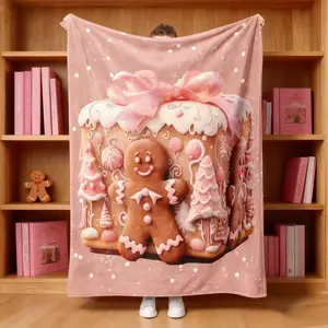Christmas Throw Blanket Gingerbread Man Box Cartoon sanwfall Pink Soft Flannel Indoor Decorations Comfort Blankets for Healing Living Room Bedroom Fluffy Pink Christmas Decor Christmas Bedding