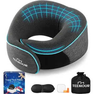 Memory Foam 360° Support Travel Neck Pillow for Airplane Car Long Flight Sleep, With Eye Mask Earplugs Portable Carry Bag, Washable Cover Airplane Travel Accessories