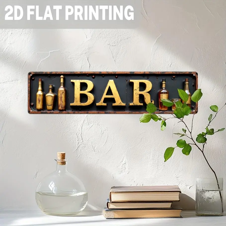 2D Flat Design Tin Bar Decorative Wall Plaque - Bottle & Glass Print, Vintage Pub Wall Mount, Garage Sign, Metal Home Supplies Art, Gift for Adult Dads Men's Stuff - 3.93x15.74in