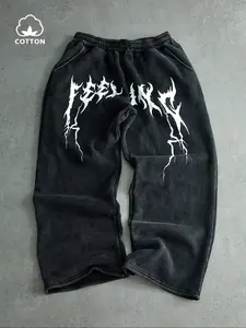 Men's Casual Fashion Loose-Fit Drawstring Pants, All-Season Cotton Sweatpants with Lightning Print, Comfortable Wide Leg Design for Daily Wear, Casual Comfy Drawstring, Casual Lounge Pants, Casual Loungewear Pants