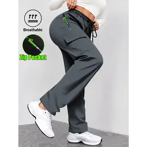 Women's Green Cargo Pants with Zip Pockets | Drawstring Waist, Casual Design, Non-Stretch Material, Ideal for Outdoor Running and Everyday Wear