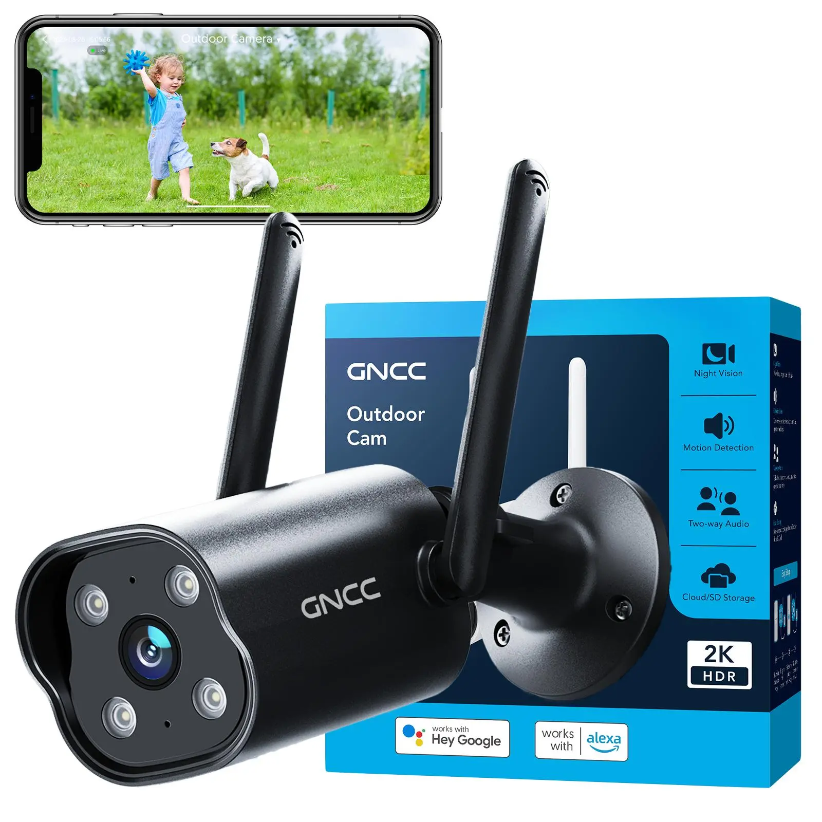 GNCC T1Pro Wireless Outdoor Security Camera - Corded (No Battery Needed), Night Vision, WiFi Monitoring, WiFi Surveillance, 2-Way Audio, Recording, Local Micro SD Compatible, Easy Connect Accessory for Security Cameras & Systems