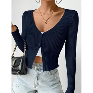 Ribbed knit front-button cardigan for women, suitable for autumn and winter