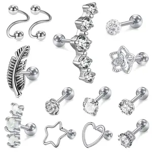 OIDEA Spiral Cartilage Twist Earring Set 16G 316L Stainless Steel Cubic Zirconia Rhinestone Diamond Imitation Opal Body Piercing Jewelry 13PCS