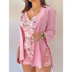 Women's Elegant 3-Piece Knit Clothing Set for Lady - Solid Open-Front Split Cardigan, V-Neck Crop Top, Belted Floral Print Shorts