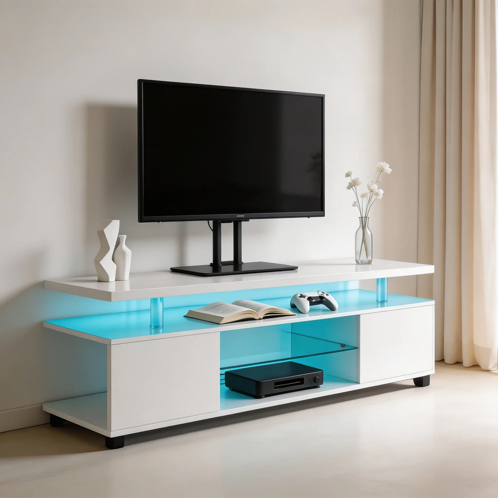 Color Contrast TV Stand with LED Lights, Media Console with Side Cabinet & Open Shelf, for Living Room Bedroom