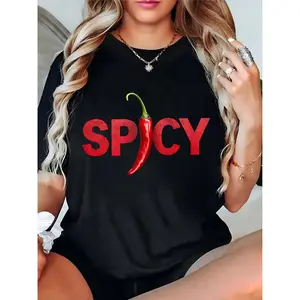 Women's Black Spicy Chili Pepper Graphic T-Shirt | Casual Daily Foodie Party Outfit for Trendy Food Lovers 100% Cotton T-shirt