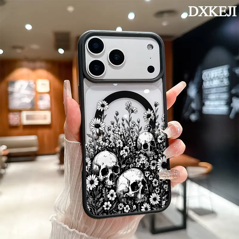 Aesthetic Floral Skull Art TPU Magnetic MagSafe Phone Case - Lightweight, Slim, Shockproof, Wireless Charge OK Accessories for iPhone 16 Pro Max/16 Plus/15 Pro/14/13/12/11 Plus, Impact Protection, Casing, Phone Accessories