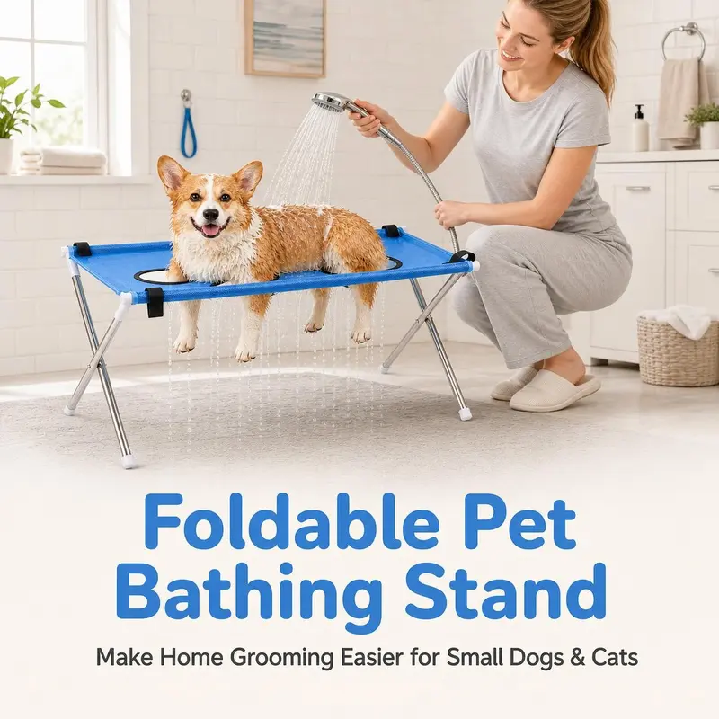 Practical Dog Grooming Hammock Stand - Polyester-Iron Foldable Leg Pet Washing Station with Secure Strap for Dog Bathing, Ear Cleaning