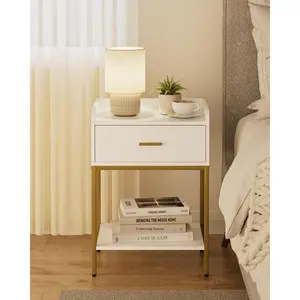 Nightstand,3-Tier Modern Bedside Night Stand with Storage Drawer and Shelf,Small End Side Table for Bedroom,Living Room,White (Without Outlet, White)