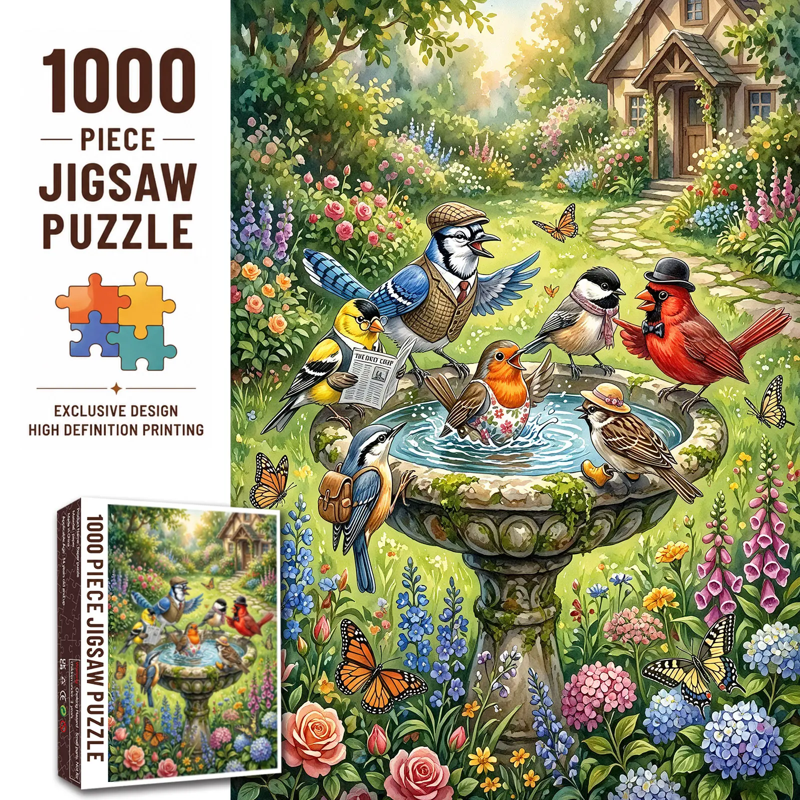 Walarky Charming Garden Birds 1000 Pieces Jigsaw Puzzle, Colorful Songbirds Bird Bath Cottage Garden Floral Wildlife Art, Family Game, Stress Relief, Relaxing Brain Challenge, Home Wall Decor, Gift for Adults Seniors Bird Lovers, 27.5x20inch(70x50cm)