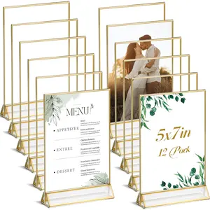 Sign Holders with Golden Border, Portrait View, Pack of 12 | 5x7 Double Sided Clear Frame,  for Wedding reception, Centerpiece, Decoration, Party,Anniversary, Event
