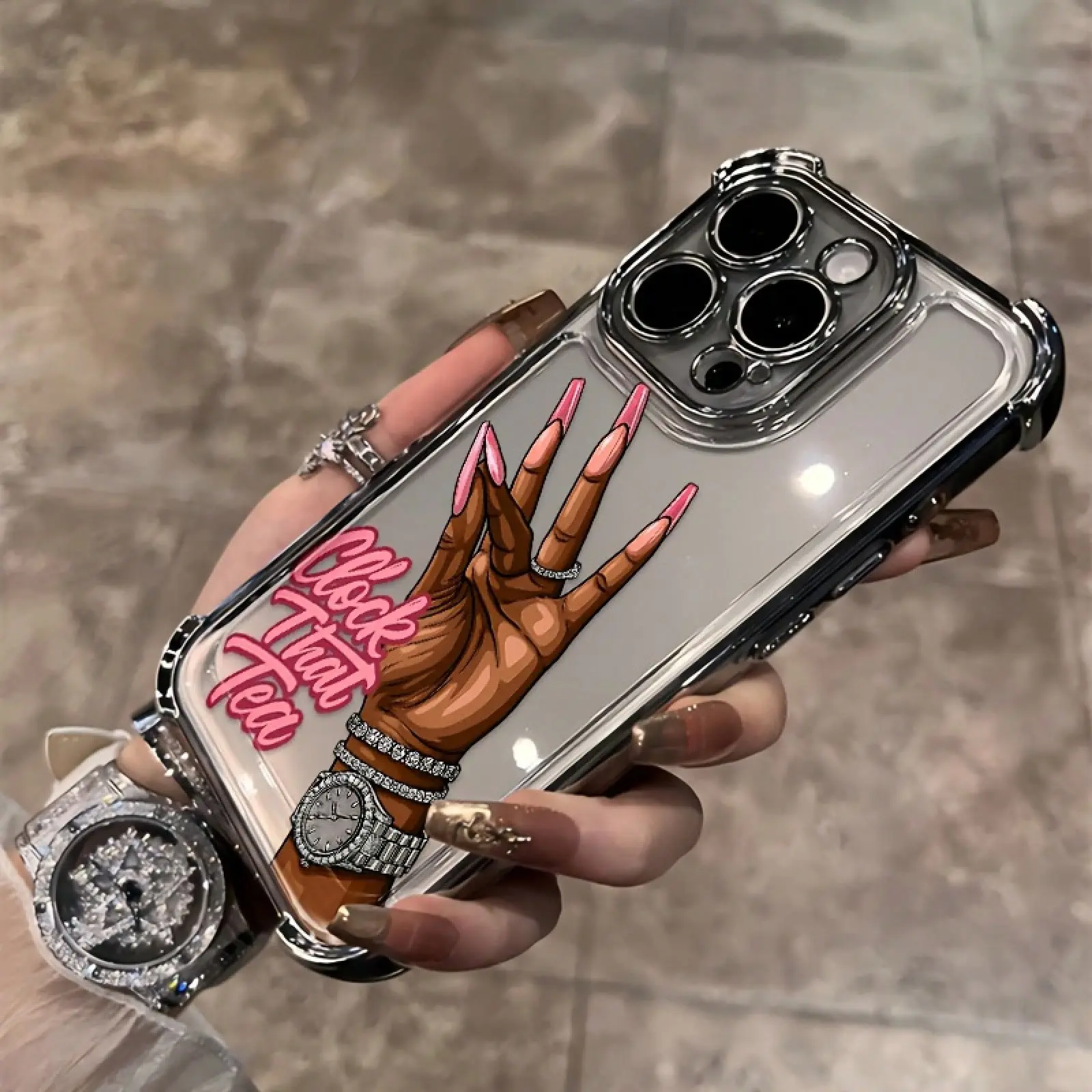 1 piece of fashionable high-end minimalist style, pink fashionable creative English clock tea design phone case, compatible with iPhone 17/16/15/14/13/12/11/X/XS/XS Max. Can be given as a holiday gift to friends, family, or yourself., Cover, Accessories,,
