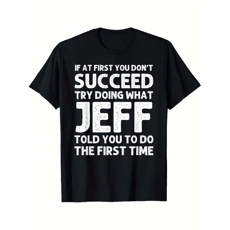 Men's Black Round Neck Short-Sleeve Cotton Athletic Graphic Tee - JEFF Gift Name Funny Joke Top for Birthday - Menswear Casual Activewear T-Shirt