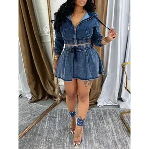 Women’s denim jacket and short skirt two-piece set, matching skirt set, cute, fashionable, and casual for everyday outdoor wear; spring and autumn women’s clothing GARMENTARY