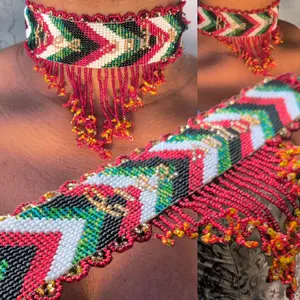 The Free Sudan Choker Neckband - Handcrafted, Loom-Beaded, Flame Ruffle and Kinky Fringe Taper, Silverline Glass Beads, Gorgeous Faceted Charlotte-Cut Czech Seed Beads, Inspired by the Colors of the Sudanese Flag, Handmade Free Sudan Monogrammed Choker