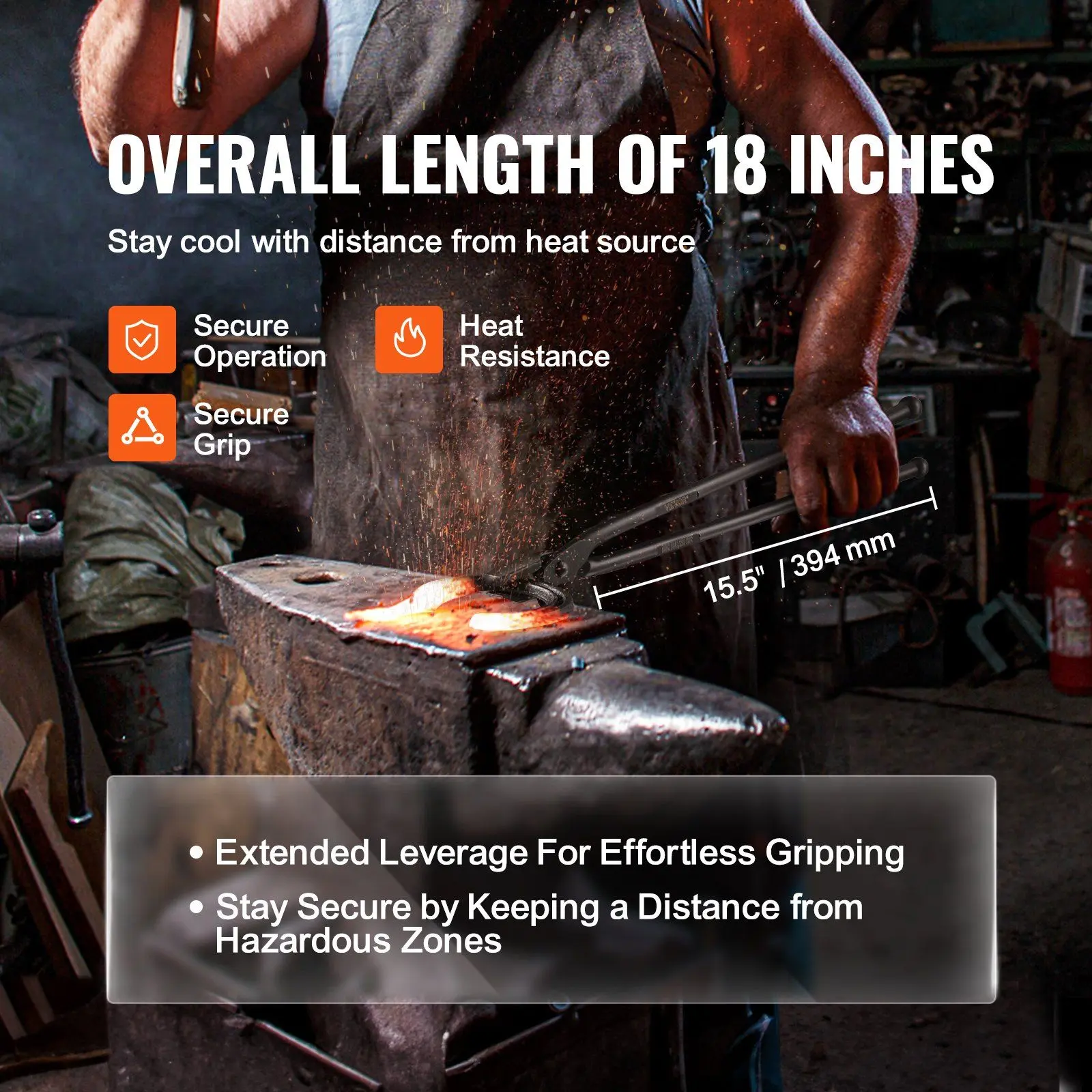18-in Durable Blacksmithing Tongs, Carbon Steel Forging Tongs with A3 Steel Rivets, Heat-Rust Resistant, Extended Leverage for Metal Horseshoes, Beginner Blacksmiths (Father's Day Gift Option)