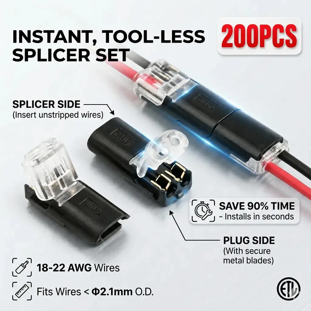D2 Quick Connector  – Fast Secure Tool-Free Wiring for LED & Low Voltage 2-Pin Ultra-Fast Installation Premium Durable Materials  Secure Anti-Drop Design  18-22 AWG  Compatibility Work Tools Tools